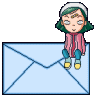 A pixel-art character with green hair and a white cap sits on light blue envelopes, transitioning from full-envelope views to partial envelope cutouts.