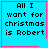 Four identical blue squares with pink borders display pixelated text reading "All I want for christmas is Robert"; two include small pink symbols.