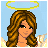 Pixelated angel with brown curly hair, golden halo, and white gown, shown in three expressions and two body views against light blue background.