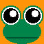 Green frog faces with large black-and-white eyes on orange background; one frog has red tongue, another has red background, and one has squinted eyes.