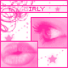 Pink and white of repeated facial features with star motifs, displaying eyes, lips, and partial text