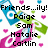 Pixelated image with names listed over colorful abstract shapes and hearts, featuring a gray rectangle on the right side.