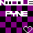 Pixelated icon with purple and black checkered background, white text 'PINE' partially obscured by a diagonal pixel break, small heart symbol in bottom right corner.