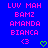 Blue background with pink pixelated text reading LUV MAH BAMZ AMANDA BIANCA and two pink '<3' symbols, one green heart symbol, and one green heart outline symbol.