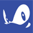 A pixelated white whale silhouette with a blue eye on a solid blue background, featuring a small detached tail fin.