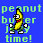 Pixelated banana character with red mouth and white eyes appears in nine positions against blue background, each showing distinct arm-leg poses over green text reading 'peanut butter jelly time!'