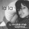 Black-and-white photo of a person with dark hair resting against a light pillow, with text overlays reading "la la" and "u make me wanna...".