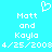 Pixelated cyan background with white text and a heart symbol, displaying 'Matt and Kayla' twice above the date '4/25/2008'.
