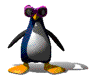 Animated penguin with purple goggles, orange feet, and blue-gray body in sequential poses showing arm and head movement.