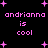 Pixelated pink text and plus signs on black background with repeated 'andrianna is cool' phrases.