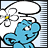 Blue cartoon character with white hat and speech bubble, static pose with subtle facial expression changes