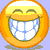 Pixelated yellow smiley face icon with closed eyes, wide toothy grin showing blue-tinged teeth, orange border, and light purple background.