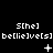 Pixelated text and symbols arranged in three on a black background, with animated changes to the middle 's central symbol