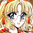 Pixelated anime-style character icon with blonde pigtails and red accents on the left, paired with stylized text on a black background to the right.
