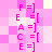 Pixelated pink and white with vertical of repeating 'P = ]', 'E = [', 'A = ]', 'C = [' text elements in magenta, arranged in a symmetrical pattern