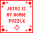 Red pixelated text reads 'JESUS IS MY HOMIE FUZZLE' on white background with red border and corner decorations.