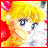 Pixelated anime-style character with blonde hair and blue eyes, wearing a white and yellow outfit with red accents, positioned against a black background with silver text.