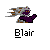 Pixel art character icon with purple figure, gray and brown motion effects, and text "Blair" below on light gray background.