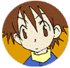 Circular icon with brown-haired anime character in blue shirt and yellow collar, showing multiple facial expressions against orange background.