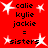 Red background with white starbursts and black text listing names 'calie kylie jackie' followed by '=' and 'sisters'.