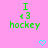 Green pixelated text 'I <3 hockey' on pink background with two cyan heart icons below, one static and one animated.
