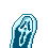 A sequence of pixelated blue and white shapes resembling a stylized hand or abstract form in various poses against a gray background.