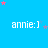 A blue background with repeated white text 'annie:)' and scattered pink and purple stars, featuring a gray rectangle in the bottom-right corner.