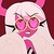 Pixelated icon of a figure with white hair, pink heart-shaped eyes, and a red tie against a maroon background.