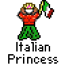 Pixel art contact sheet showing two identical animated frames of a character labeled "Italian Princess" with Italian flag, plus promotional text for badassbuddy.com.