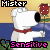 Pixelated dog with red collar holds rose, text 'Mister' and 'Sensitive' in pink and black pixel font.