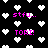 Black background with scattered white pixel hearts and pink text reading 'stfu...' or 'TORI!' in a repeating pattern.