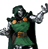 Pixelated figure in green and black attire with metallic arm, raised hand gesture against gray background.