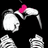 Pixelated character with black hair, white face, and pink hair accessory against black background.