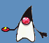 Animated character with black triangular head, white body, red circular eyes, and black limbs holding a red object that emits yellow sparkles.