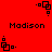 Red background with black pixelated text 'Madison' and four distinct animated square patterns in corners.