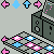 Pixelated animation of isometric platforms with pink and blue star-like shapes floating above, set against a gray background.