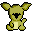 Pixelated yellow creature with large ears and black heart-shaped eyes, holding a white rectangular object against gray background.