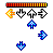 Animated pixel art sequence showing a red-yellow striped bar above four directional arrow icons, with blue diamond-shaped elements moving across the scene.