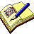 Pixelated open book with yellow polka-dot pages, blue pen resting on right page, gray background.