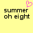 Yellow background with black pixelated text reading 'summer oh eight' and a pink heart symbol above the left text block.