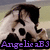 Pixelated image of a person with dark hair and light skin, wearing a white top, with purple text at the bottom reading "Angelie aB1".