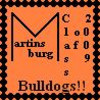 Orange square icon with black border, featuring stylized 'M' and text 'Martinsburg' above 'Bulldogs!!' with vertical numbers on right.