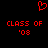 Red pixelated text and symbols on black background: 'CLASS OF '08' repeated twice with a heart symbol above.