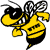 Pixelated bee with yellow and black stripes, large black eyes, white teeth, and translucent wings on a white background.