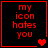 Red pixelated text 'my icon hates you' on black background with red border, four variations showing different heart symbols.