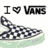 Four variations of a pixelated 'I ❤️ VANS' text above a checkered slip-on shoe, with color changes in the text across frames.