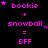 Pixel art displays 'bookie + snowball = BFF' and 'bookie + snowball = EFF' with pink text on black background, stars animate around the words.