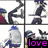 Pixelated cartoon characters with text overlays in purple and black, arranged in a