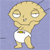 A 2x2 contact sheet of a pixelated animated icon featuring the Family Guy character Stewie Griffin in diaper, with text asking if huggies make his butt look big.
