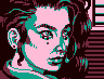Pixel art portrait of a person with pink skin, teal hair highlights, and dark brown hair against a striped background.